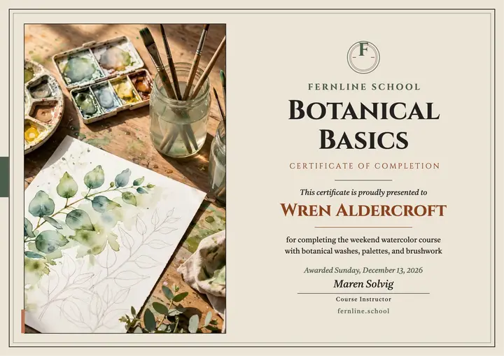 Fernline botanical watercolor certificate: watercolor certificate template