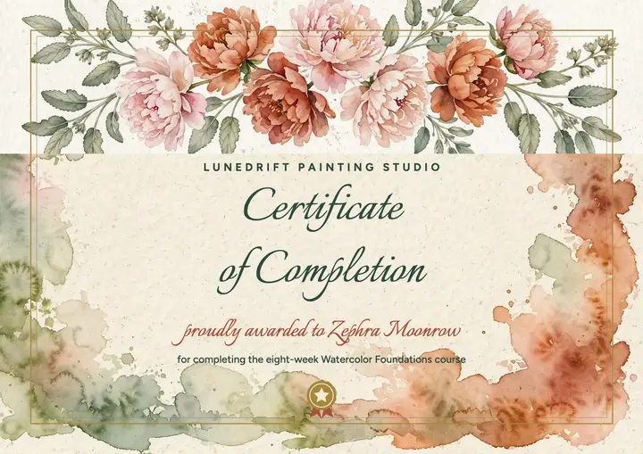 Lunedrift watercolor painting course certificate template