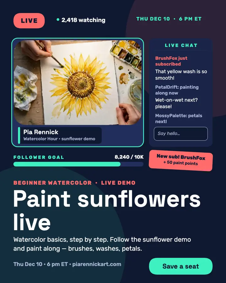 Pia Rennick watercolor live class post: watercolor live class post template