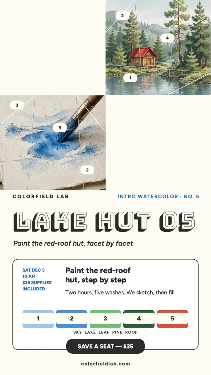 Colorfield Lab watercolor lake hut story template