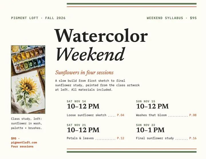 Pigment Loft watercolor weekend syllabus template
