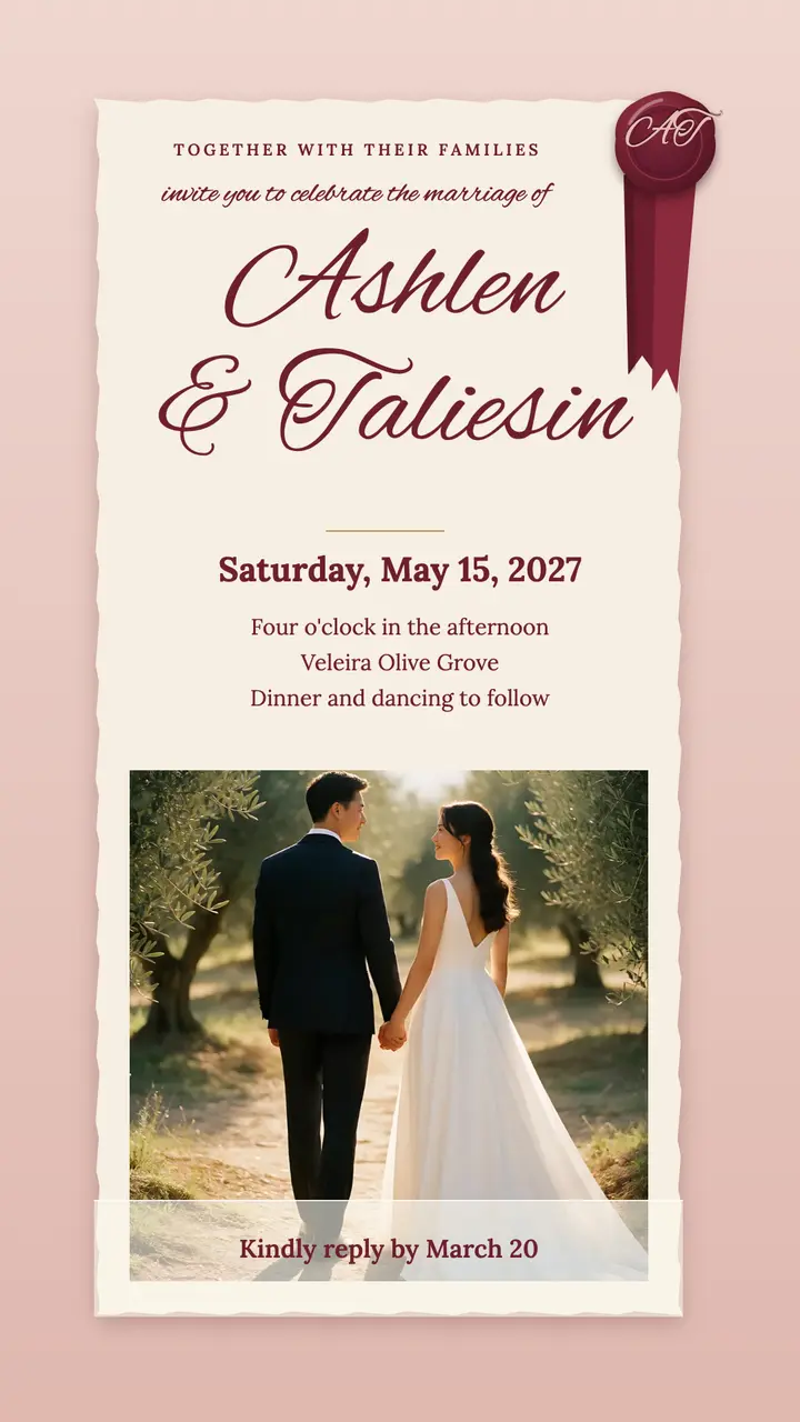 Ashlen and Taliesin wax seal wedding invitation story template