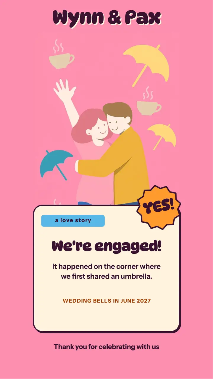 We're engaged announcement story, rom-com illustrated cover template