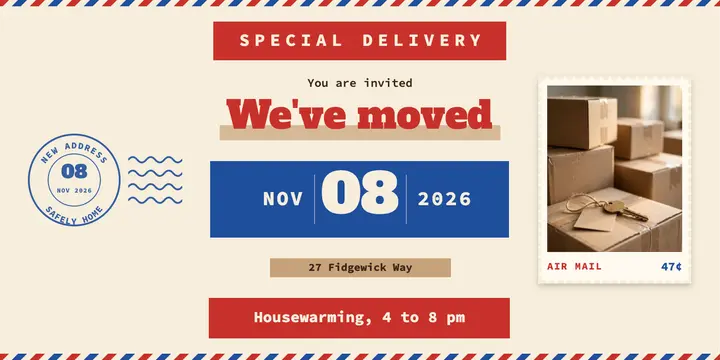 We've moved housewarming invitation, airmail and stamps template