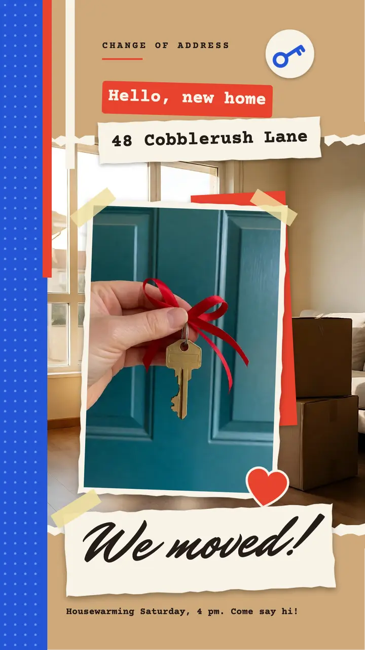 We moved announcement story, paper collage: we moved announcement story template