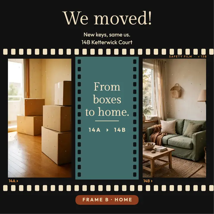 We moved film diptych, empty room to home announcement template