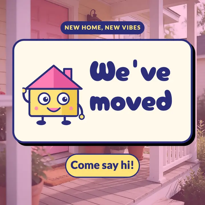 Smiling house mascot moving announcement template