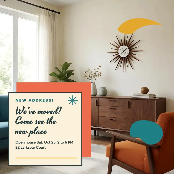 We've moved open house announcement, mid-century modern template