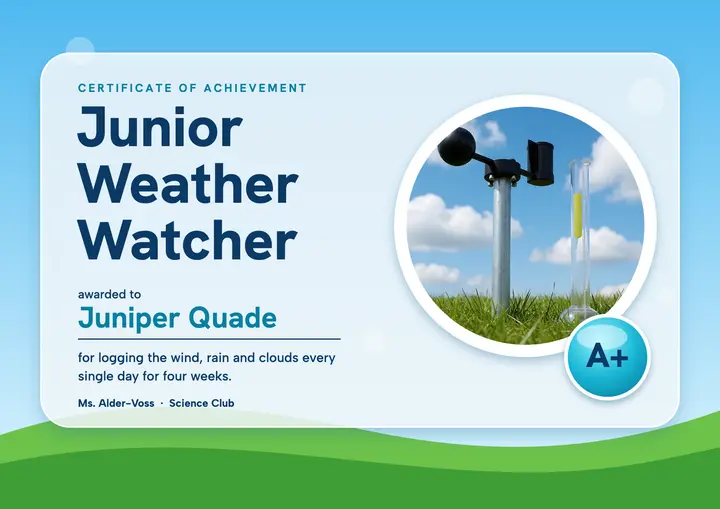 Junior Weather Watcher science club certificate, Frutiger Aero template