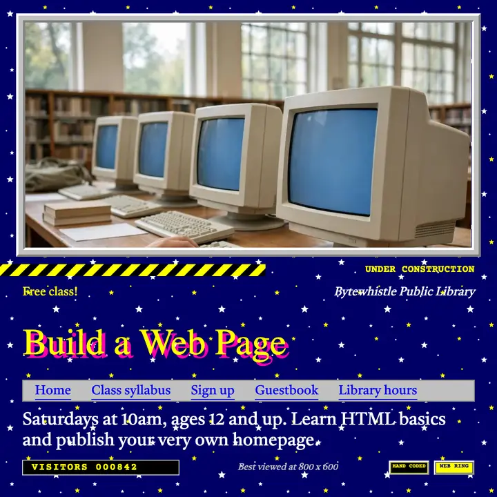 Free Build a Web Page class, Bytewhistle Public Library: library class announcement template