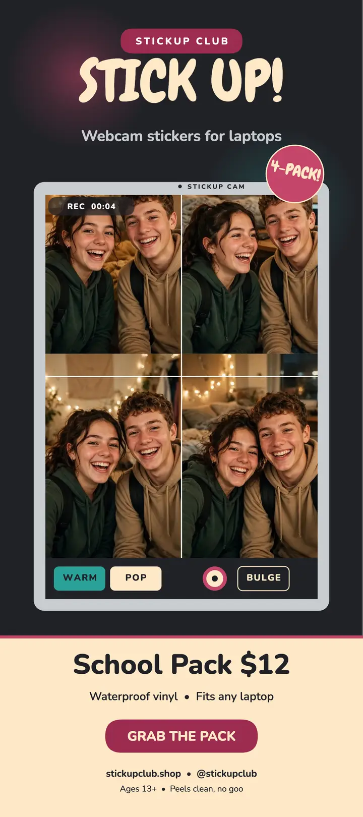 Stickup Club webcam sticker pack rack card template