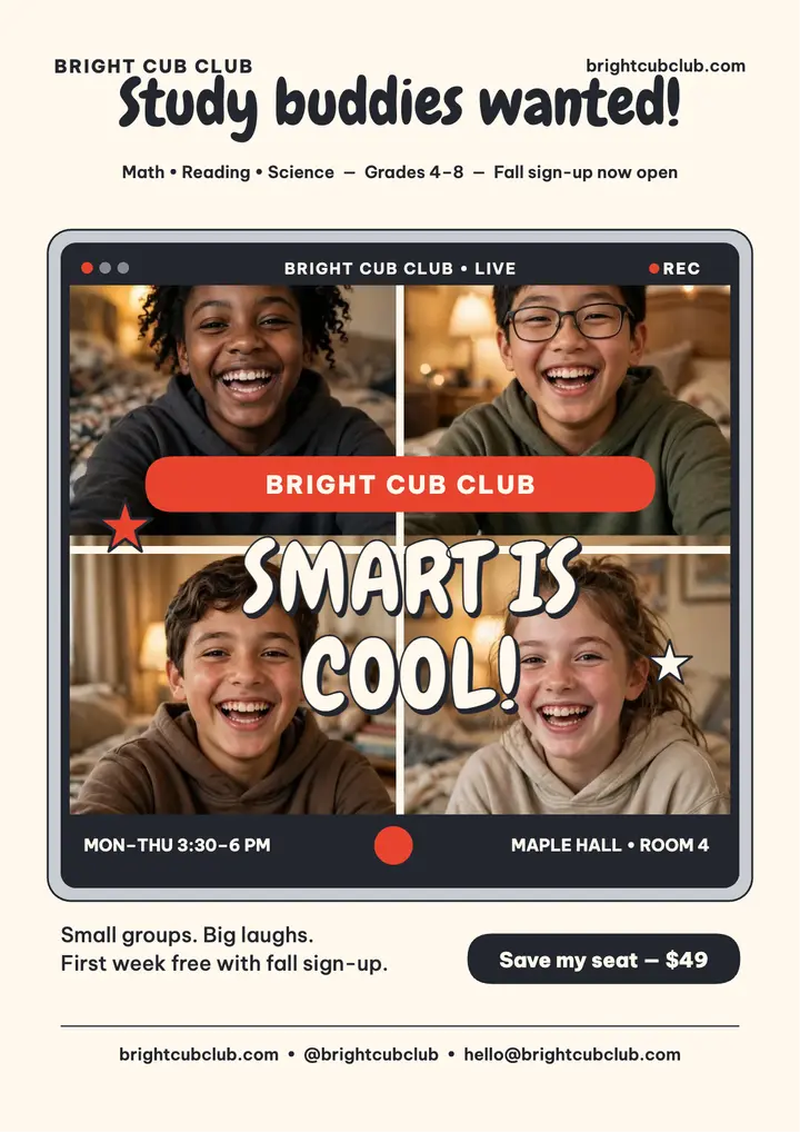 Bright Cub Club webcam tutor flyer template