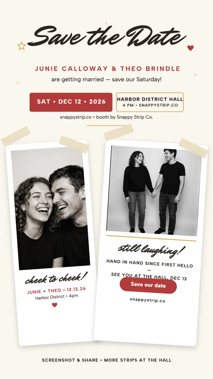 Junie and Theo booth strip save the date: save the date story template