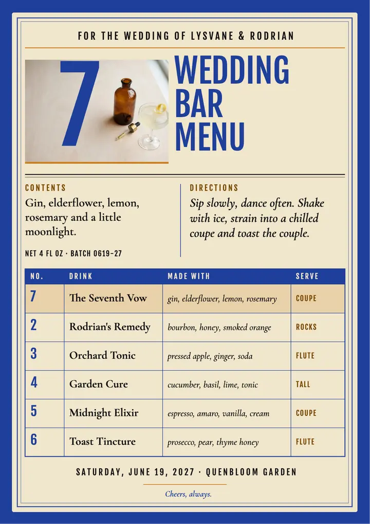 Wedding bar menu, apothecary label template