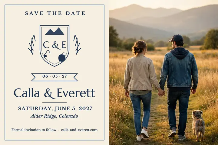 Calla and Everett crest save-the-date postcard template