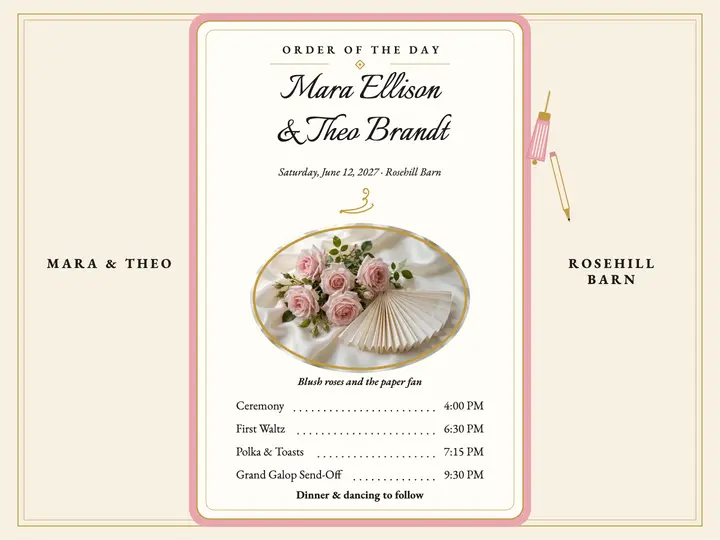 Mara and Theo dance card order of day template