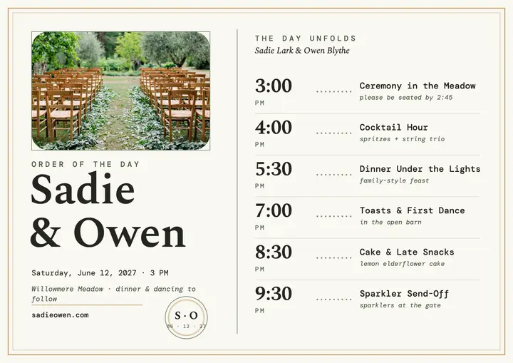 Sadie and Owen wedding day index template