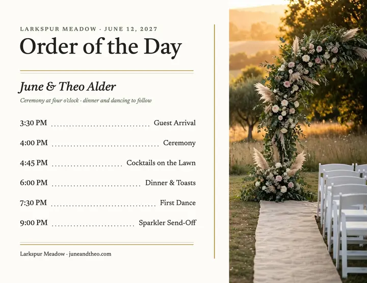 June and Theo wedding day index flyer: wedding order of day template