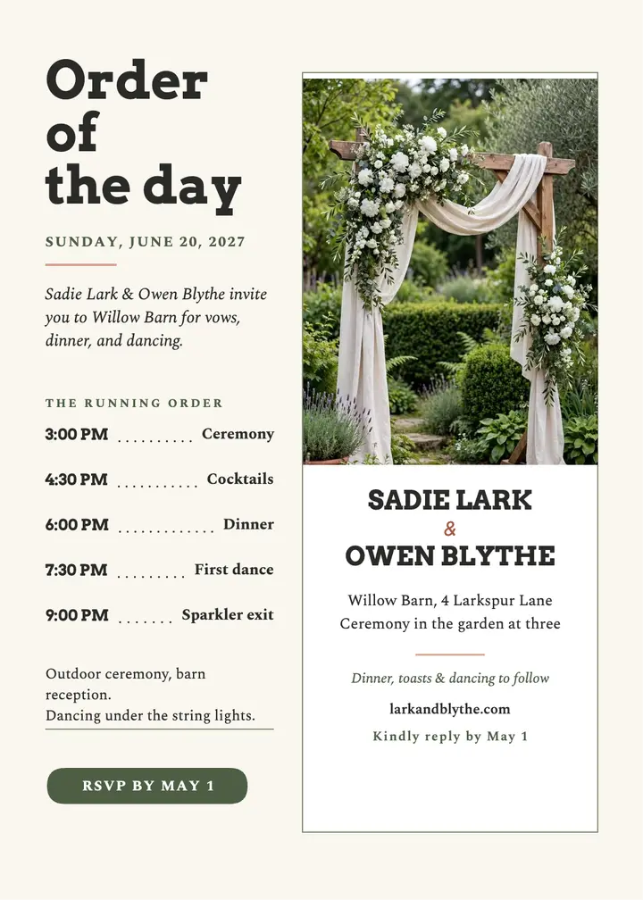Sadie and Owen order of the day invitation template