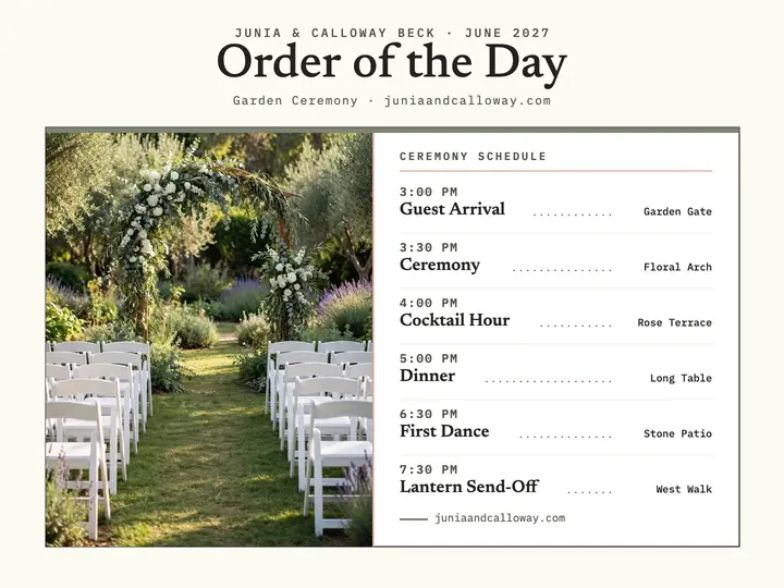 Junia and Calloway garden order of day: wedding order of day slide template