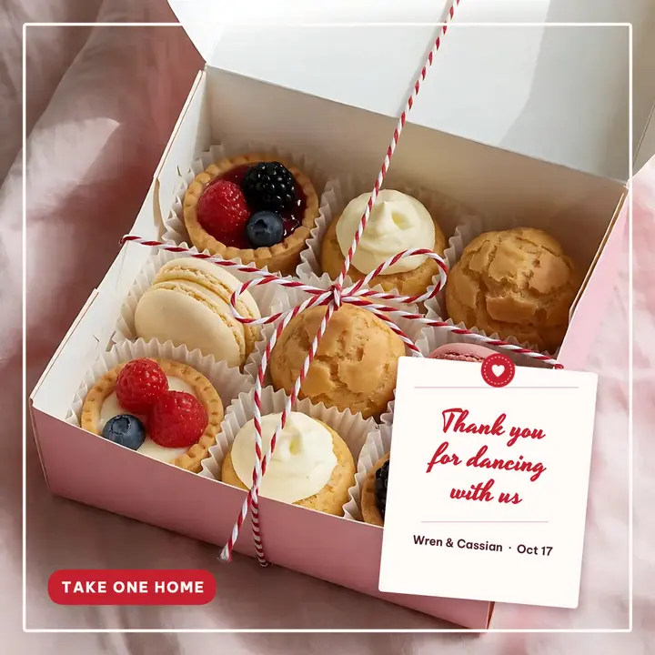Wren and Cassian bakery box thank you: wedding thank you post template