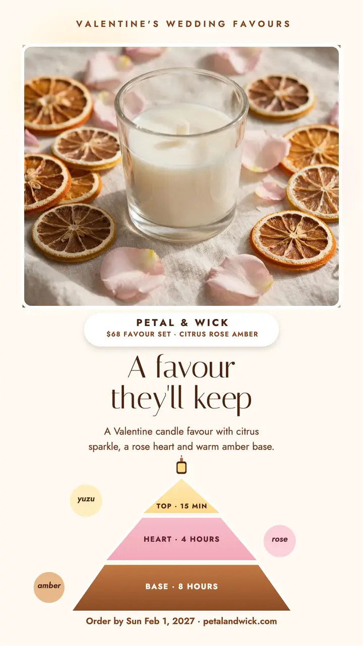 Petal and Wick favour scent story: wedding favour candle story template