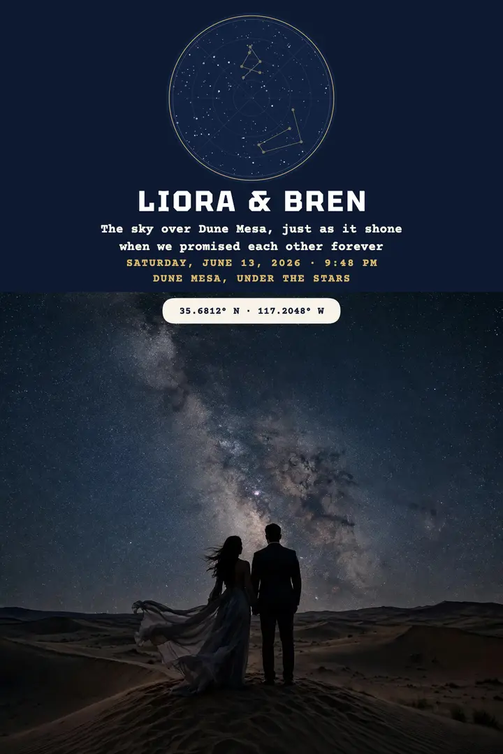 Liora and Bren wedding night star chart: wedding star map poster template