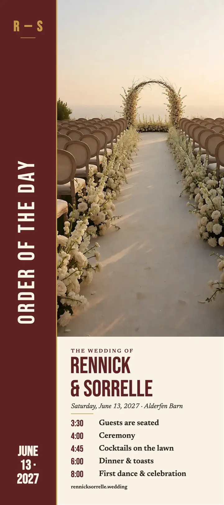 Rennick and Sorrelle order of day rack card: wedding order of day card template