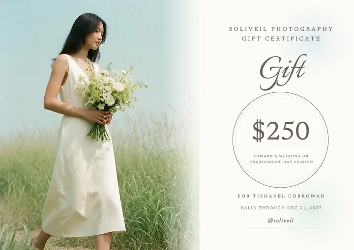 Soliveil wedding photography gift certificate, airy film template