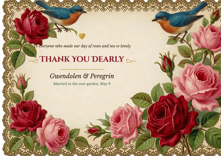 Roses and bluebirds wedding thank-you card, Victorian scrap template