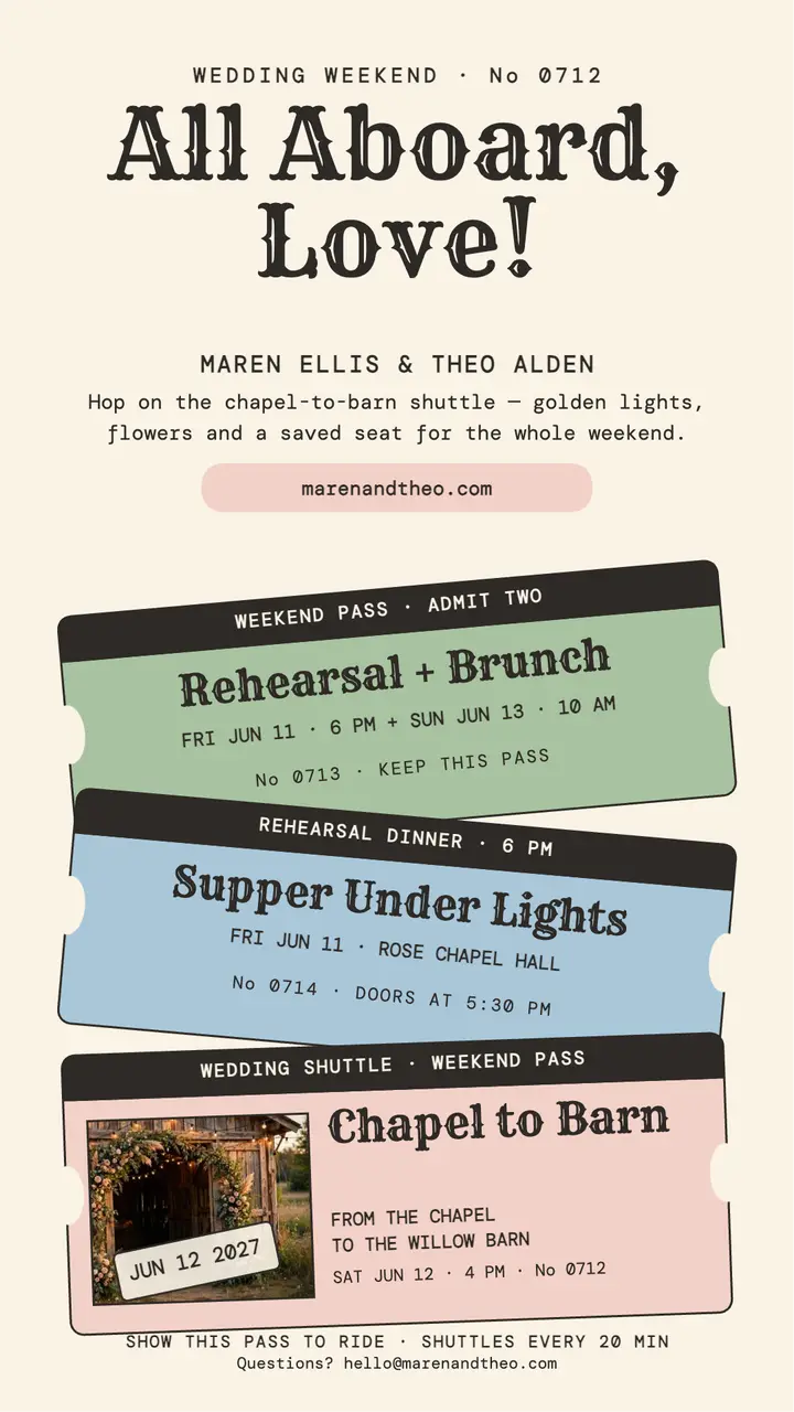 Maren and Theo wedding shuttle ticket story template