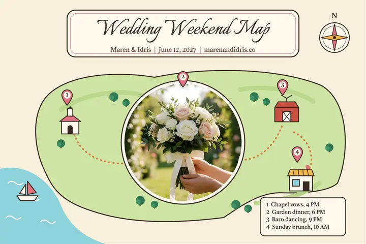 Maren and Idris wedding weekend map: wedding weekend map postcard template