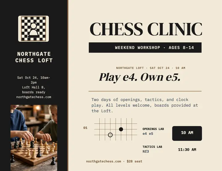 Northgate weekend chess clinic flyer: chess clinic flyer template
