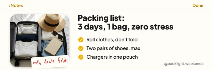 Weekend packing list, Notes app X header template