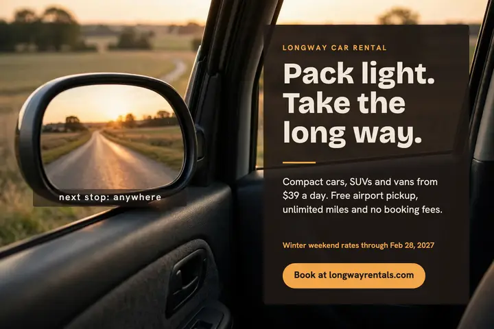 Longway weekend car rental postcard template