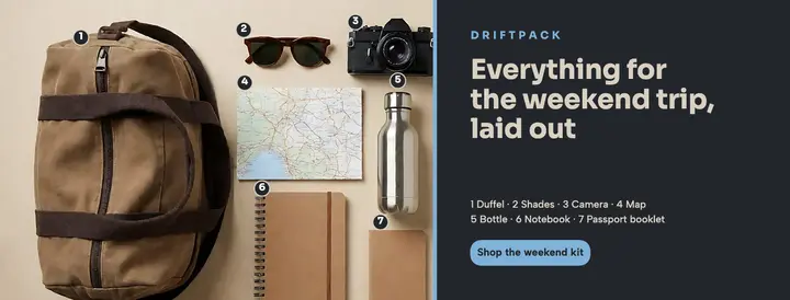 Driftpack weekend trip kit cover, knolling flat-lay template
