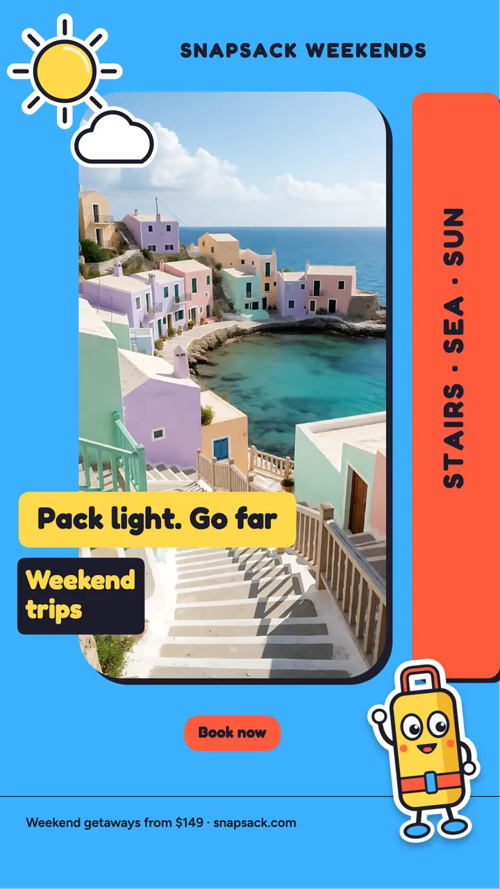 Snapsack Weekends weekend trips mascot story: travel instagram story template