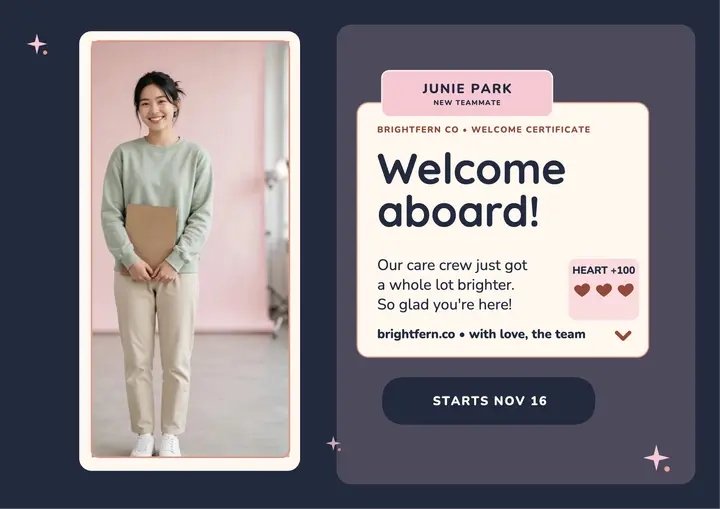 Junie Park welcome aboard dialogue certificate template