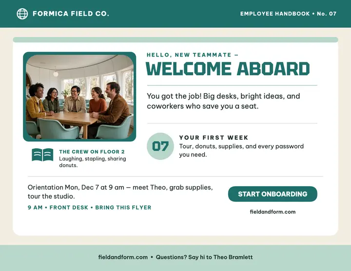 Formica Field welcome aboard handbook flyer template