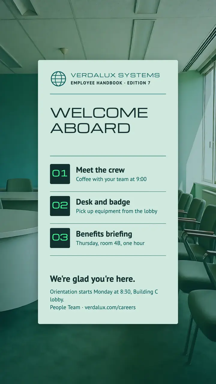 Verdalux welcome aboard handbook story template