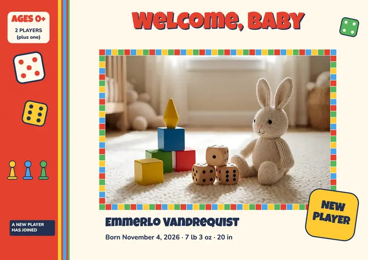 Welcome, Baby board-game box announcement: baby announcement keepsake template