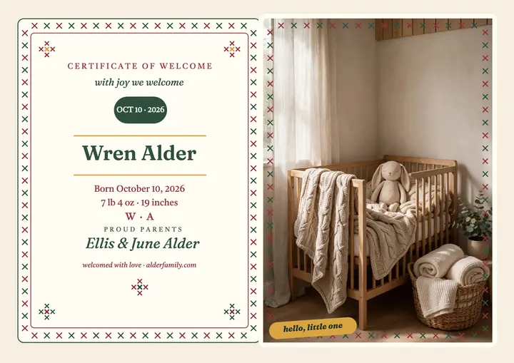 Wren Alder welcome stitch certificate template