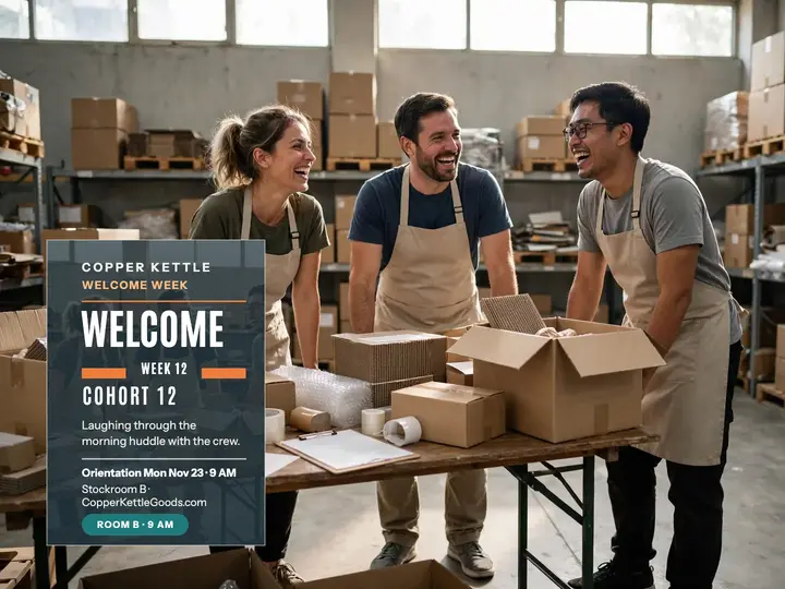 Copper Kettle Goods welcome week slide: crew onboarding welcome slide template