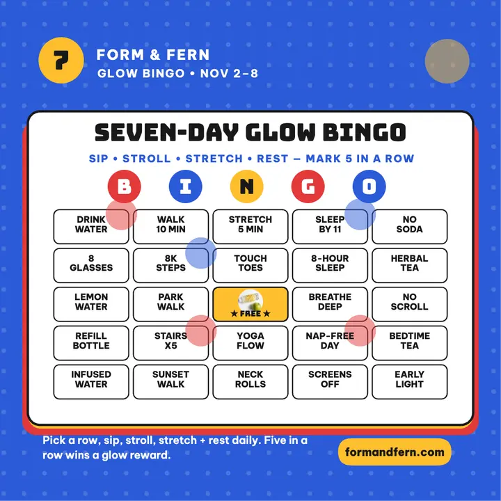 Seven-Day Glow Bingo habit card by Form & Fern template