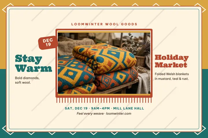 Loomwinter Welsh blanket holiday postcard: holiday market postcard template