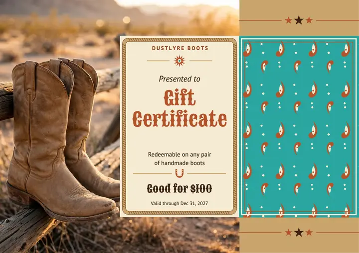 Dustlyre Boots gift certificate, western rodeo template