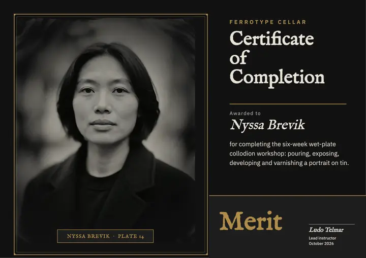 Ferrotype Cellar wet-plate photography workshop certificate of merit template