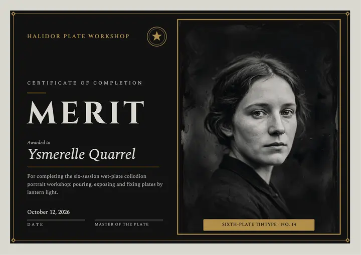 Wet-plate portrait workshop certificate, tintype style template
