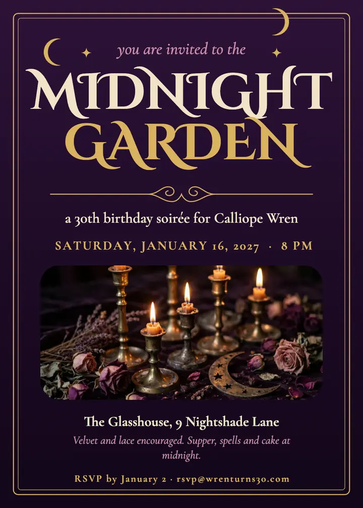 Midnight Garden birthday invitation: 30th birthday invitation template