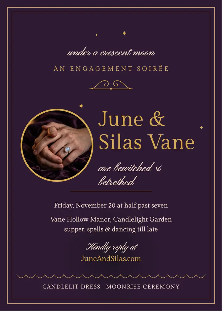 June and Silas witchy engagement invitation: engagement party invitation template